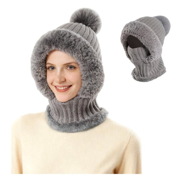 Fleece Lined Knit Balaclava Scarf Mask Set Winter Ski Hat Chunky Retro main image 8